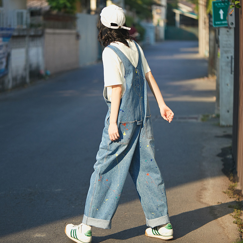 日系百搭四季款颜料喷溅工装风减龄少女牛仔背带裤子女宽松直筒休