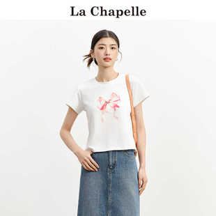 拉夏贝尔/La Chapelle短袖T恤女夏季新款白色蝴蝶结印花短款上衣