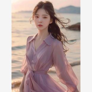 紫色衬衫连衣裙清凉感夏季新款海边度假风气质名媛温柔绝美雪纺裙