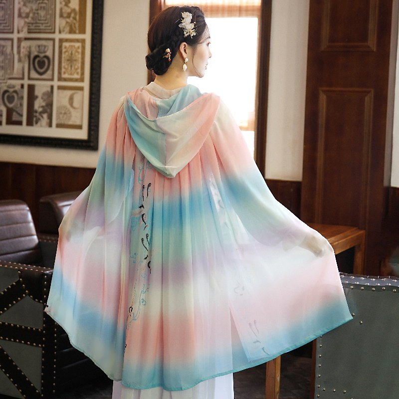 防晒服女薄款夏罩衫渐变雪纺超仙斗篷小披肩搭配汉服古装吊带群子