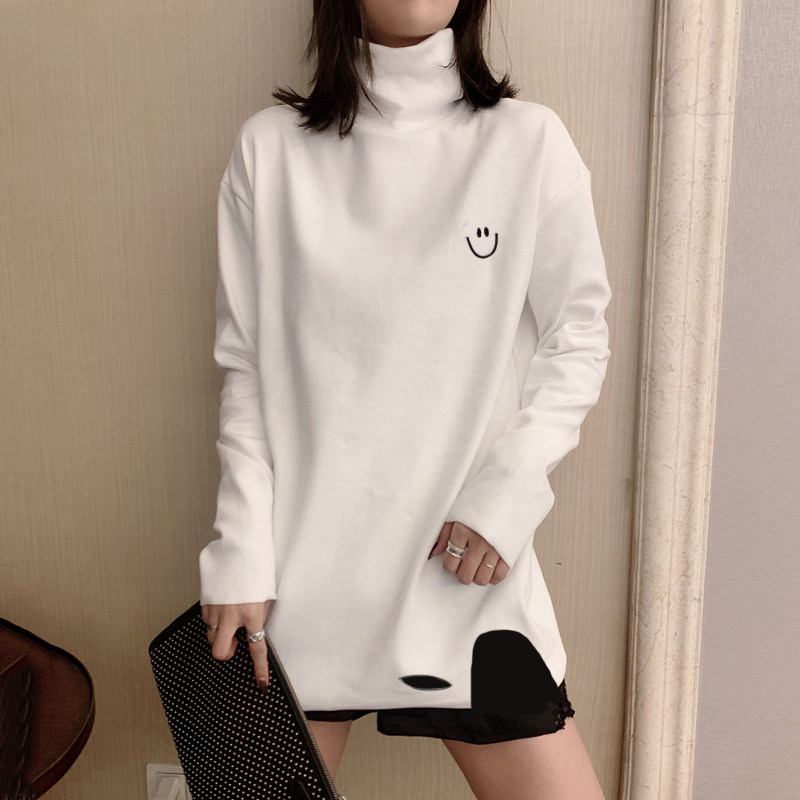 欧货纯棉白色高领打底衫女秋冬内搭加绒t恤女中长款刺绣笑脸上衣