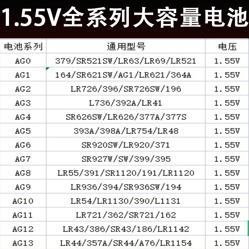 全系LR44/LR41/377A/SR621SW/LR626/手表1.55V助听器电子纽扣电池