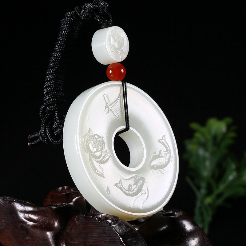 和田玉同心圆挂件 连年有余玉佩67克