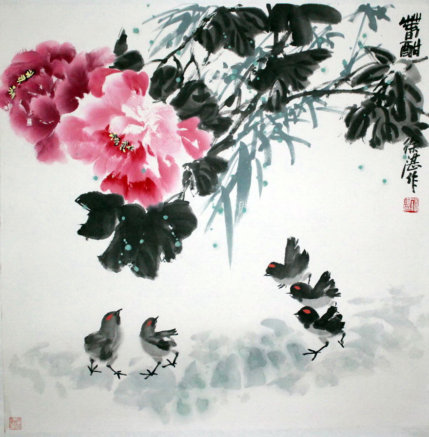 徐湛《繁华似锦 花鸟画一对》当代花鸟国画大家 李苦禅弟子