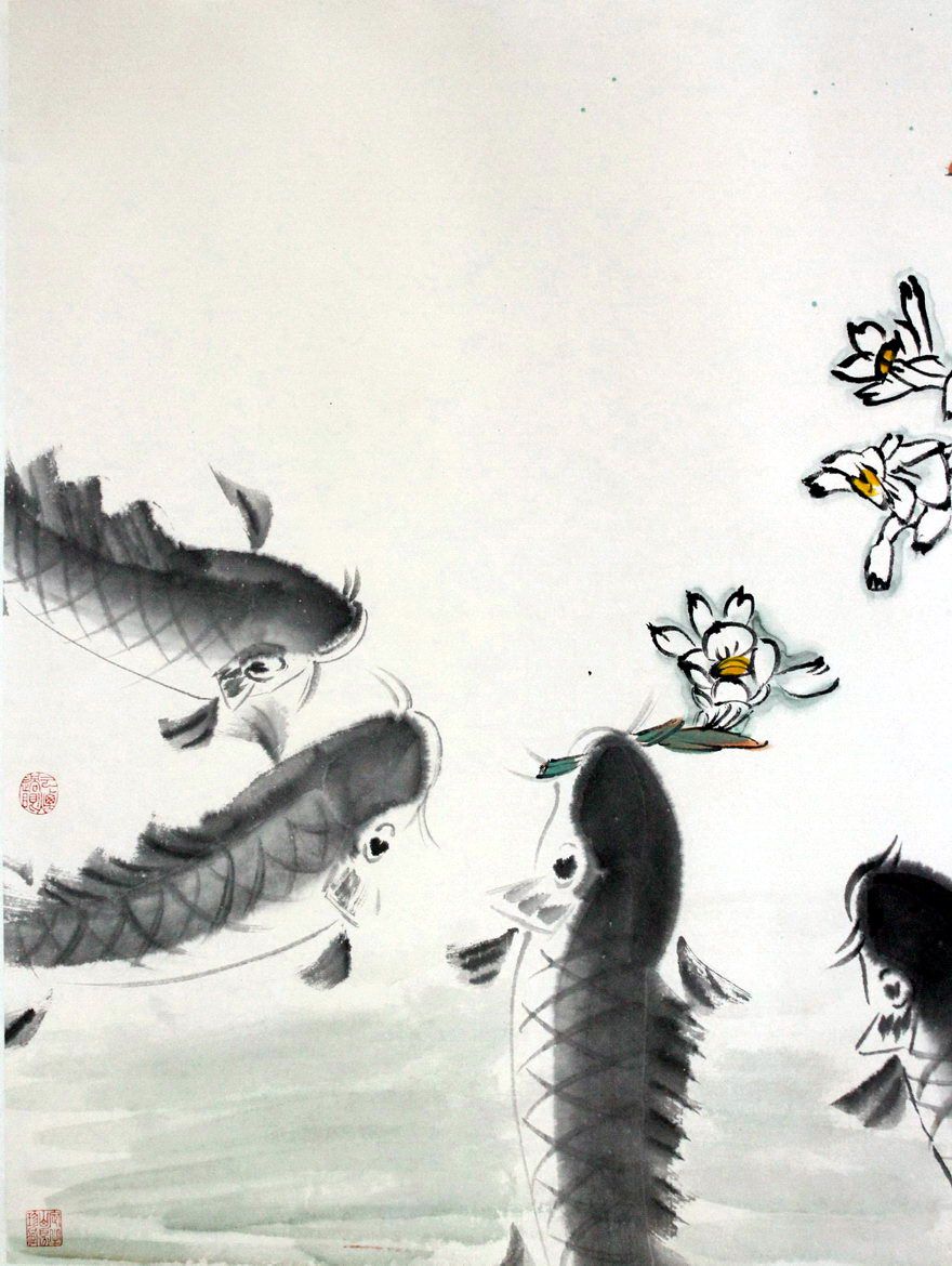 徐湛《六鱼戏春图 横幅》李苦禅门下弟子 定之山房藏品