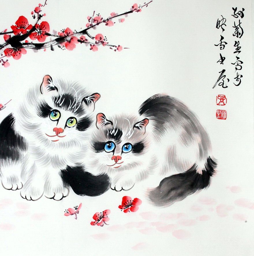 孙菊生《吉祥花猫图 一对》旧作 原湖社画会会长 定之山房藏品