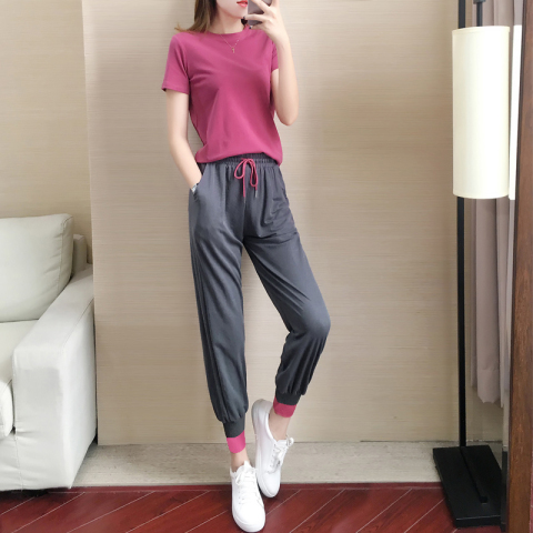 短袖运动套装女夏季2019新款健身纯色T恤束脚休闲裤跑步服两件套