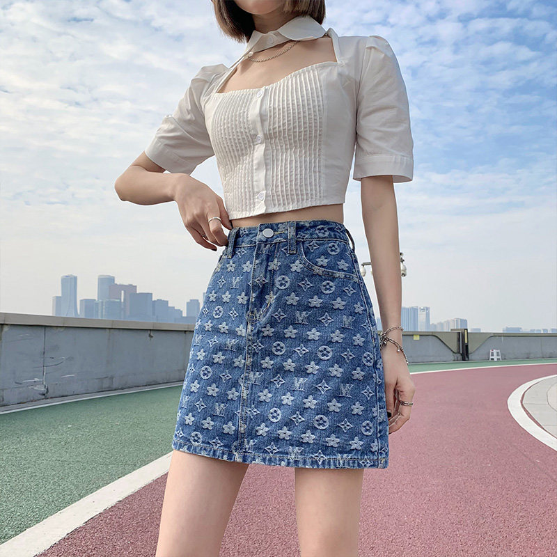 实拍  高腰牛仔碎花短裙