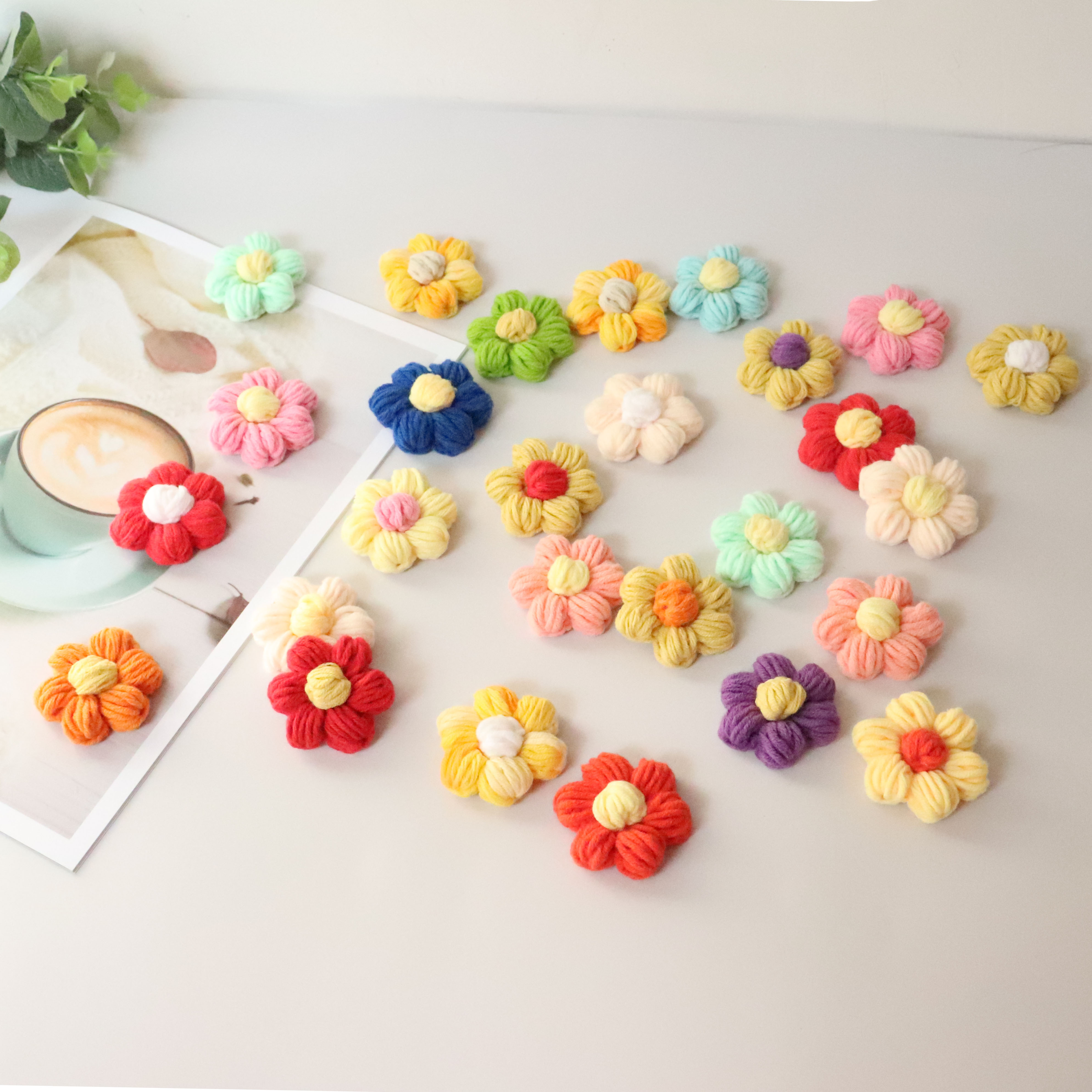 泫雅风可爱泡芙花手工钩针编织diy毛线小花花泡芙花成品