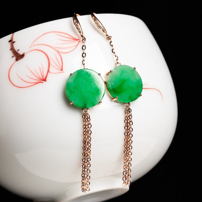 缅甸a货翡翠18k金伴钻镶满色圆形耳环:2.50克