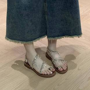 波西米亚凉鞋女2024新款夏季夏天女款外穿水钻法式平底仙女风女鞋