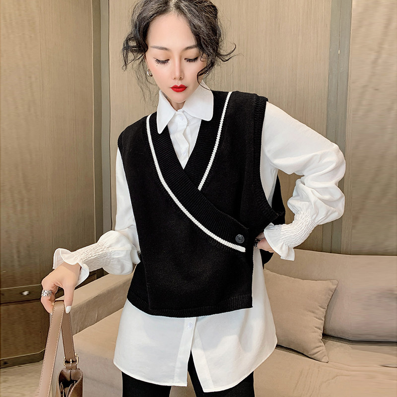 欧洲站2021春装新款衬衫马甲两件套黑白配套针织马甲女背心设计感
