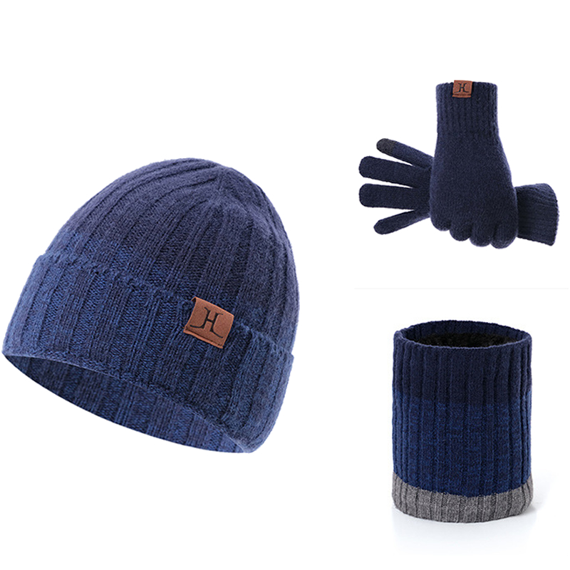 男士冬季帽子围巾手套三件套加绒围脖韩版加厚保暖护耳针织毛线帽