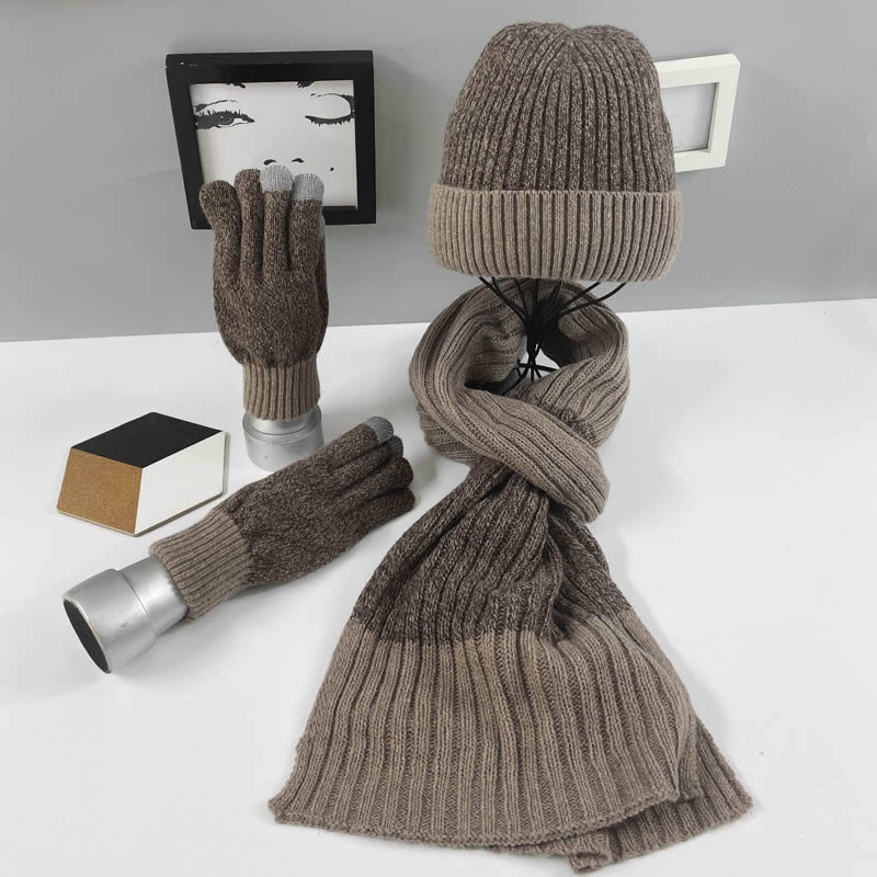 男秋冬季帽子围巾手套三件套羊毛围脖一体加厚加绒保暖针织毛线帽