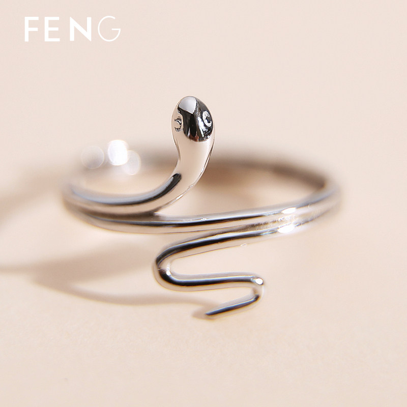 蛇戒指网红戒指女纯银本命年生肖小蛇形型开口戒小众设计网红刻字