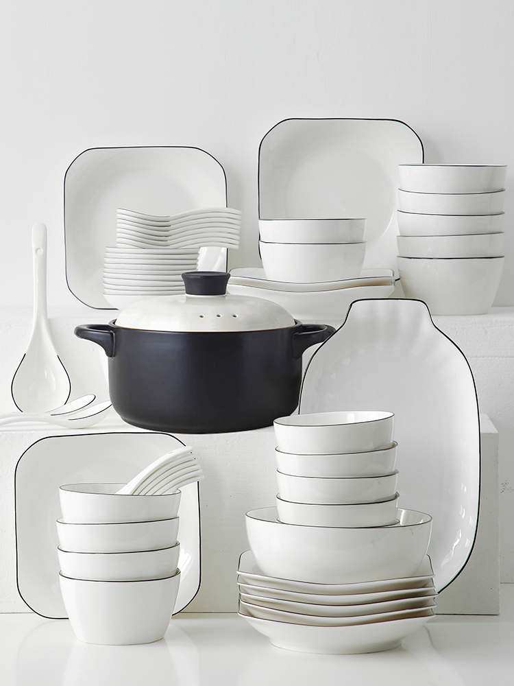 十人餐具套装乔迁碗盘碗筷碗具现代简约纯色送礼骨瓷盘子碗碟家用