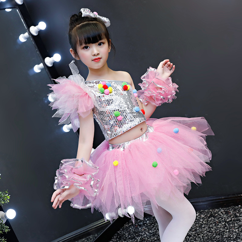 六一儿童节女孩表演服装白色公主裙亮片蓬蓬纱裙现代舞蹈演出裙子