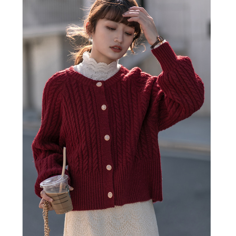 亮丝~ 复古枣红色针织开衫宽松慵懒风毛衣女2022新款秋冬麻花上衣