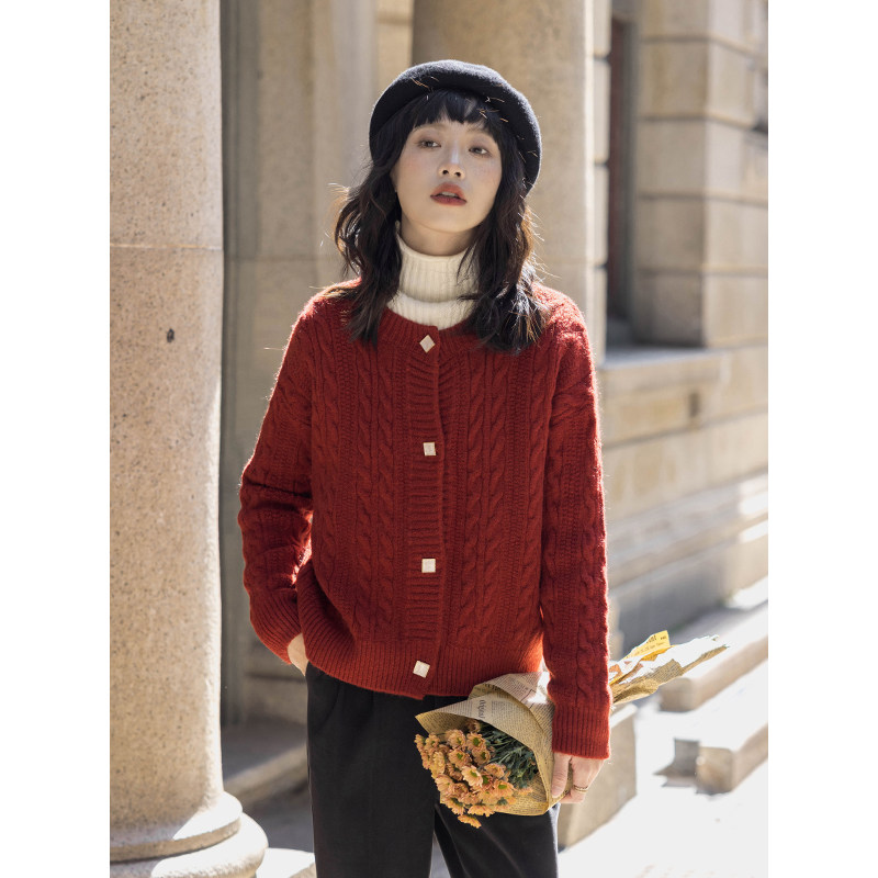 新年红色加厚毛衣外套女2022秋冬小个子圆领麻花针织开衫本命年春