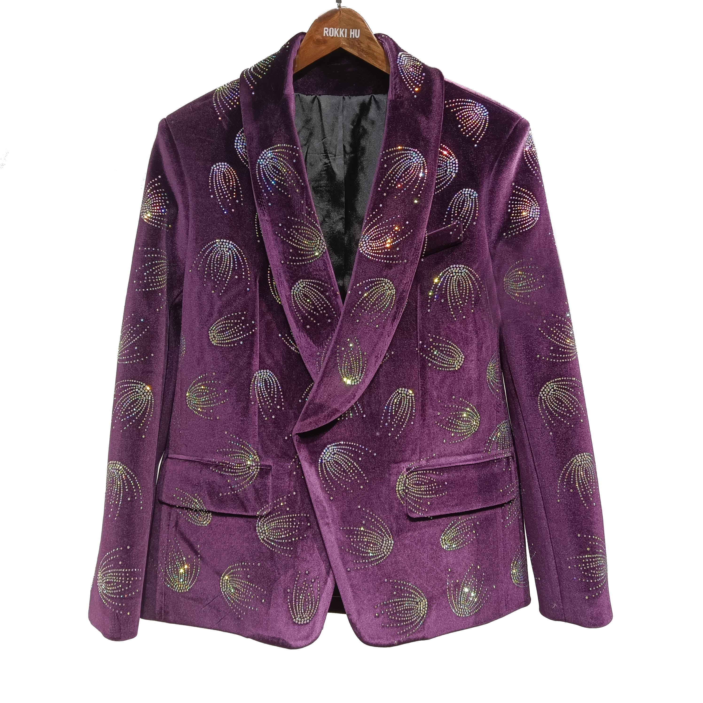 rokkihu 欧美slp紫色烟花烫钻双排扣休闲宴会聚会年会ins西服外套