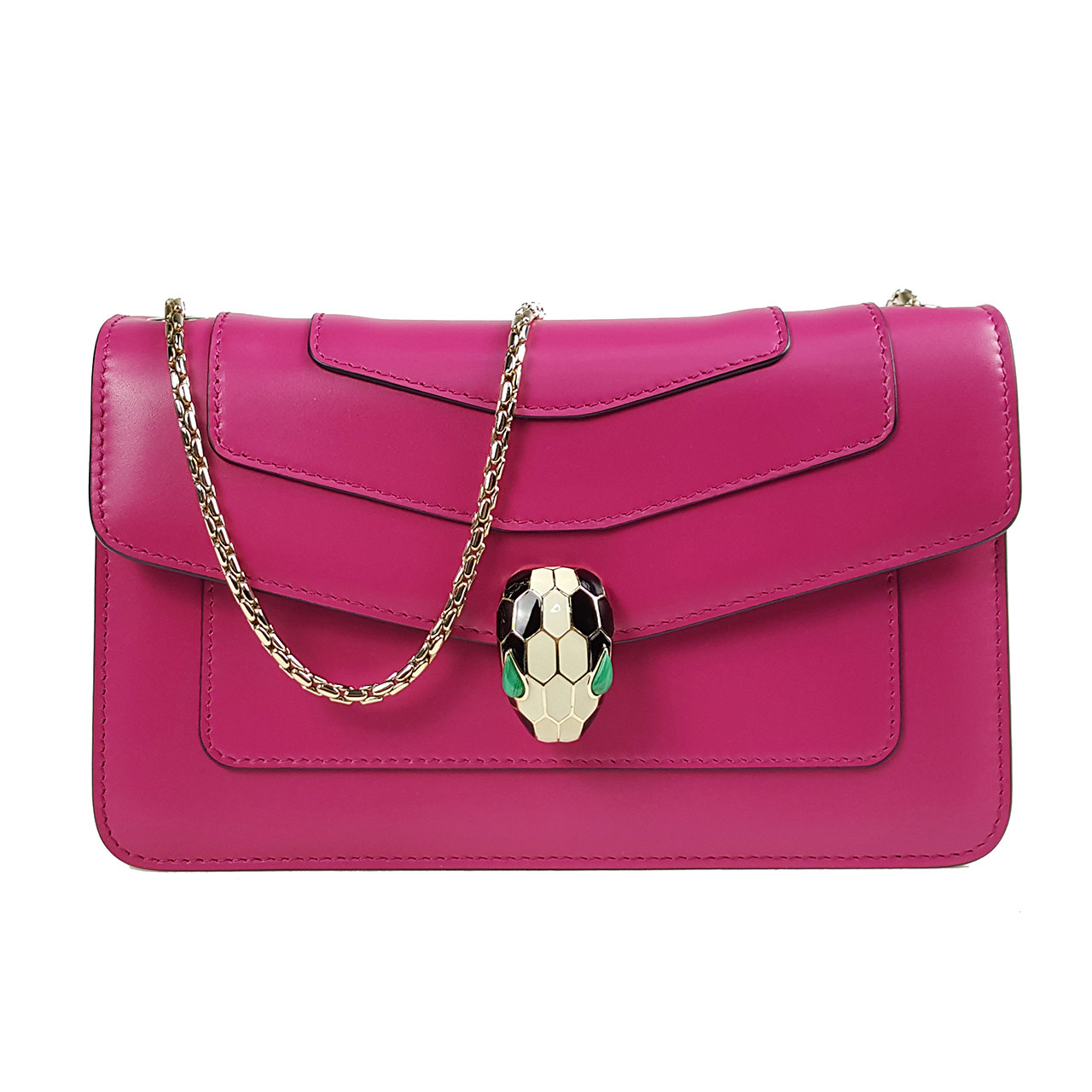 [即拍即得][9.9新]宝格丽bvlgari女士玫红色蛇头包高端好货