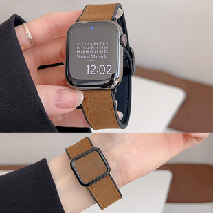 JUNMI适用于苹果手表iwatch s98表带疯马纹皮拼硅胶磁吸折叠款apple watch7654321se代Ultra高级感男女款运动