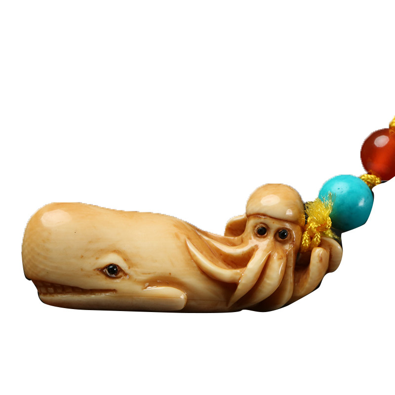 【海底乐园】纯手工微雕浅刻 仿古做旧猛犸牙雕手机挂件 小巧精致