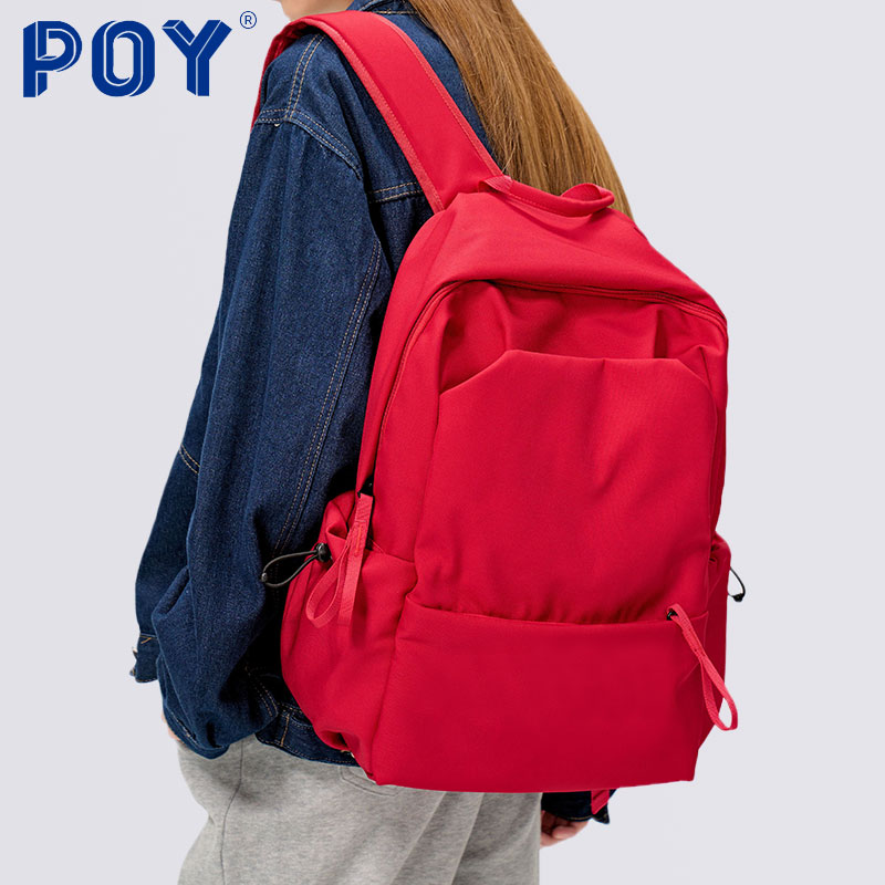 POY®新品 双肩包女红色高中生大