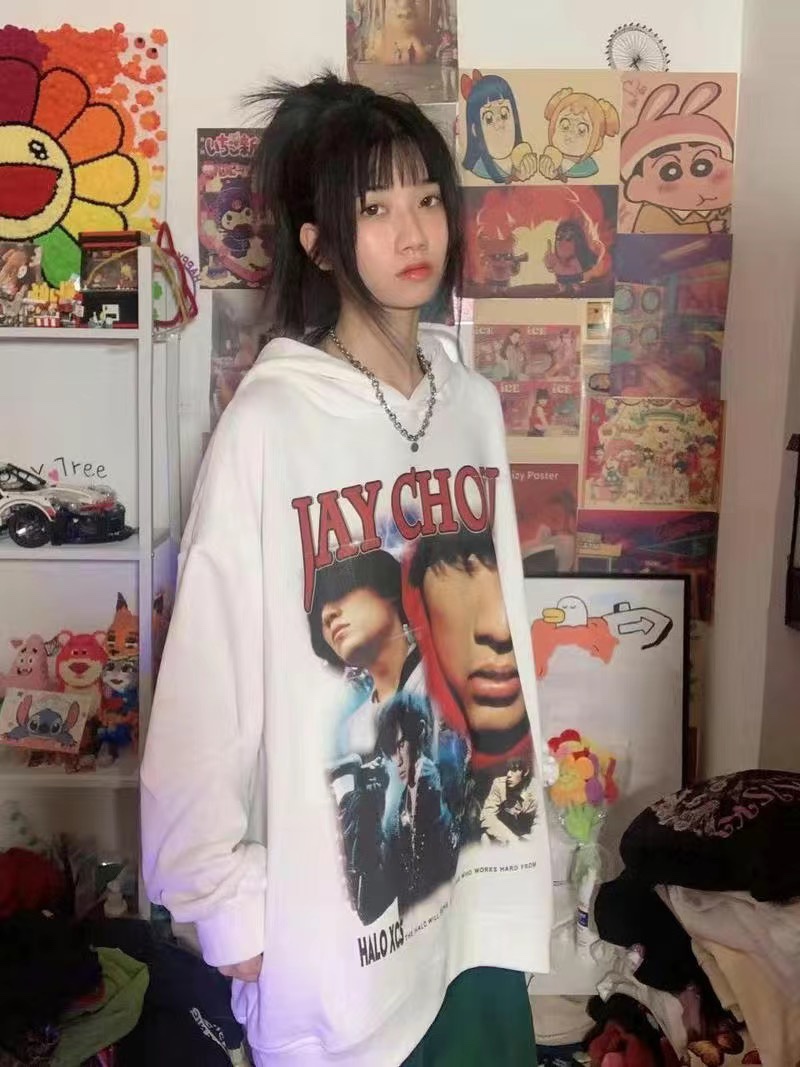 国潮JAY周杰伦印花连帽加绒加厚卫衣男女街头hiphop美式宽松外套