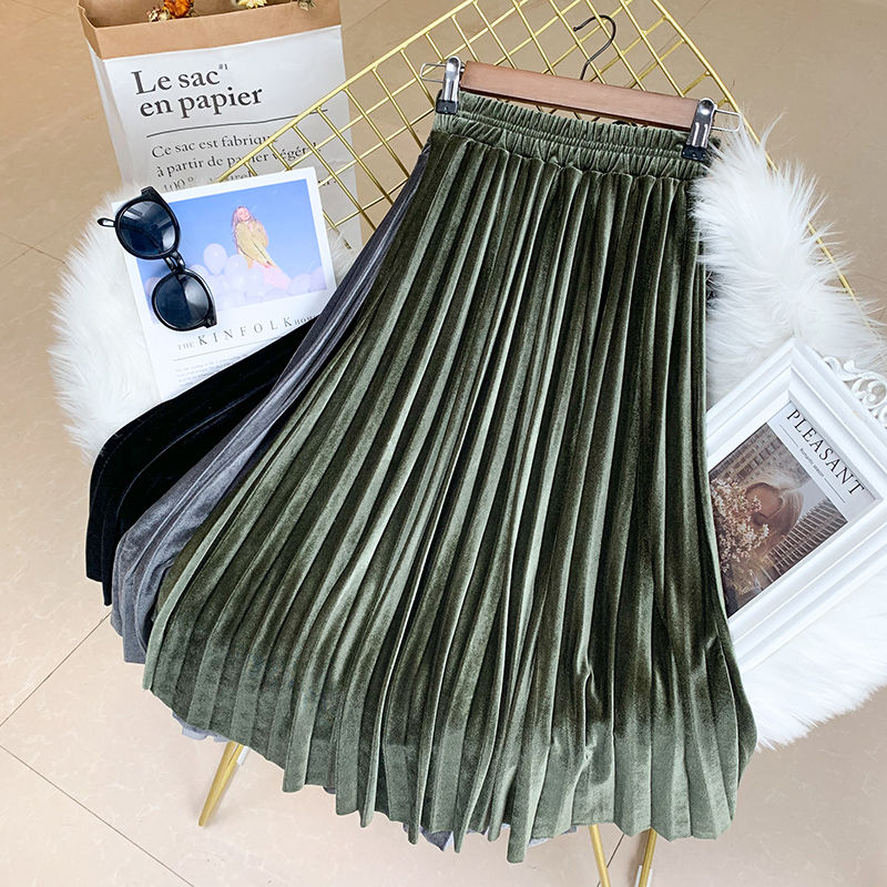 金丝绒百褶裙半身裙秋冬季女2021新款大码丝绒长裙高腰中长款裙子|ruв категории Женская одежда, юбка - от Buy2taobao.com для оказания профессиональной услуги покупки агента Taobao