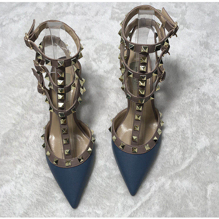 v家铆钉尖头高跟鞋柳丁细跟高跟绑带真皮凉鞋尖头铆钉伴娘婚鞋女