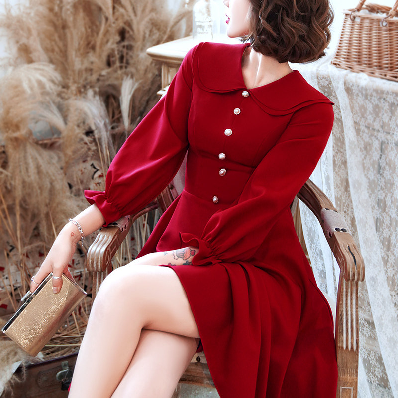敬酒服新娘酒红色平时可穿2020新款秋季小个子礼服回门衣服中长款