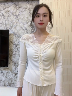 法式莫代尔睡衣女款春款2024新款秋冬季性感蕾丝家居服带胸垫套装