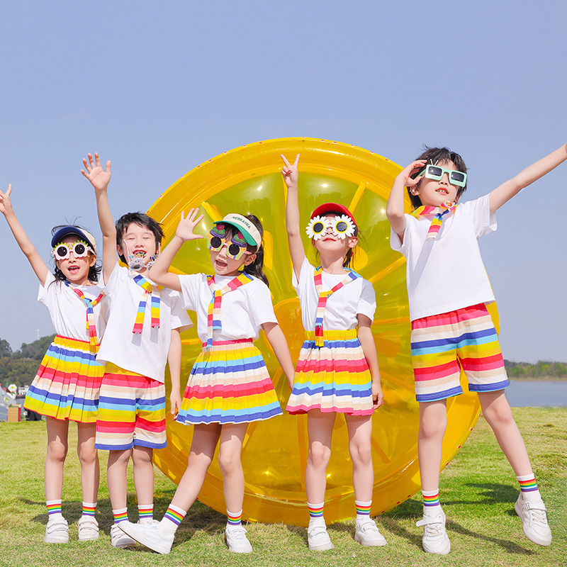 幼儿园园服夏季彩虹色套装六一啦啦队表演服小学生运动会班服毕业