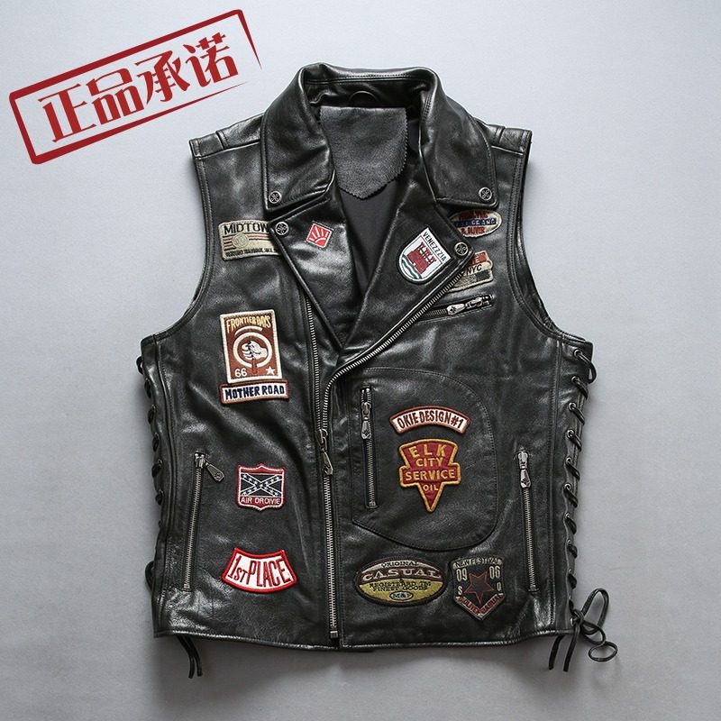 哈雷摩托机车马甲男2021秋季头层牛皮多标修身短款真皮背心男