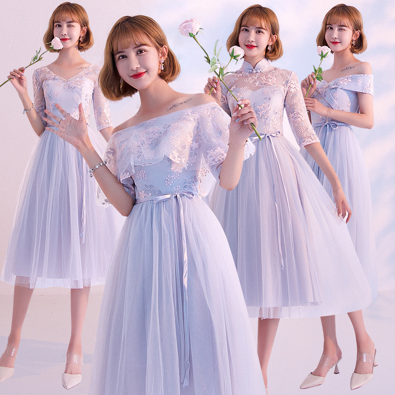 伴娘服2018新款韩版灰色姐妹团闺蜜装晚礼服女中长款一字肩结婚礼