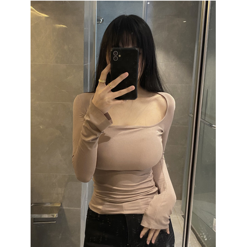裸色茶艺纯欲u领长袖t恤女早秋新款低领显胸大内搭上衣针织打底衫