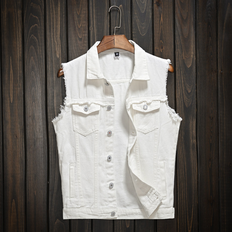 潮流男士潮牌休闲马甲定制白色定做牛仔马夹帅气修身大码青年坎肩