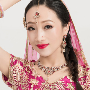 依曼印度舞台妆头饰大红镀金三件套额饰耳环夹项链眉心坠成人少儿