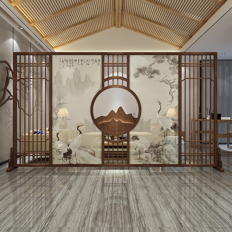 新中式实木栅栏镂空隔断屏风客厅灯带发光纱屏酒店大堂电视背景墙