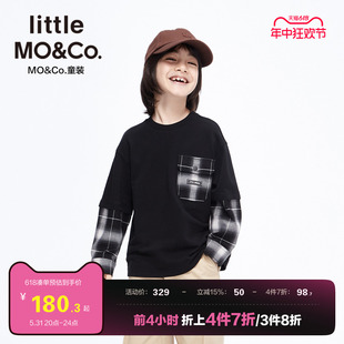 little moco童装春秋装男童格纹假两件套头卫衣儿童上衣女童大童