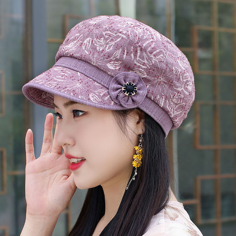 帽子女士韩版春秋季八角帽时尚花朵贝雷帽休闲逛街中老年妈妈帽潮