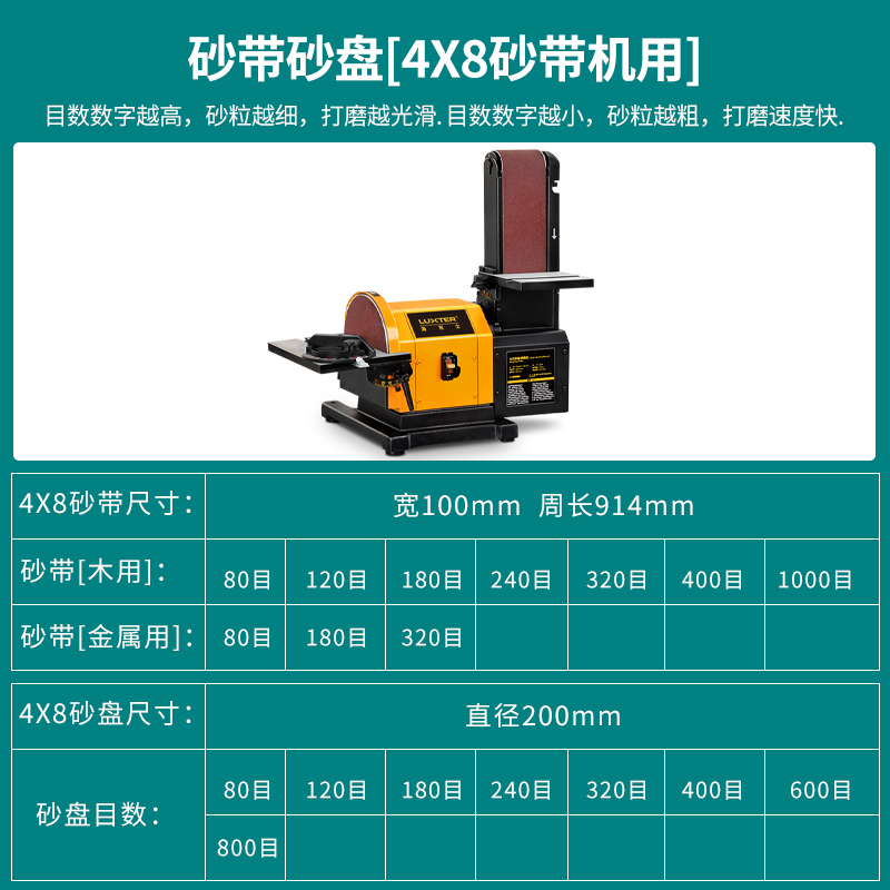 LUXTER/洛克士4寸砂带100X914mm8寸砂盘200mm木用金属用4X8砂带机