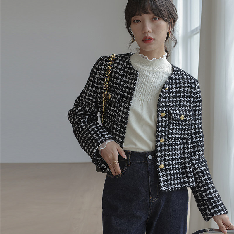 千鸟格毛呢大衣女2021新款