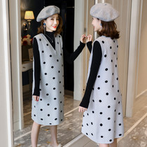 Maternity autumn suit autumn winter out fashion dress sweater wave dot knitted vest skirt two piece fashion