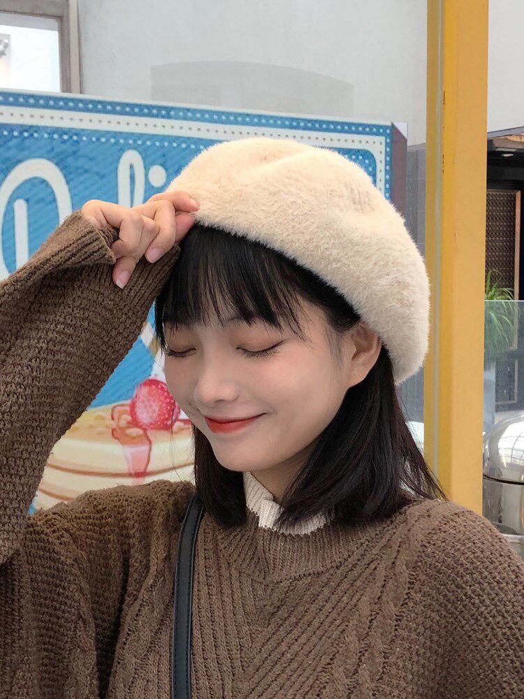 白色贝雷帽百搭毛绒英伦复古风设计高级感秋冬韩系女2021新款帽子