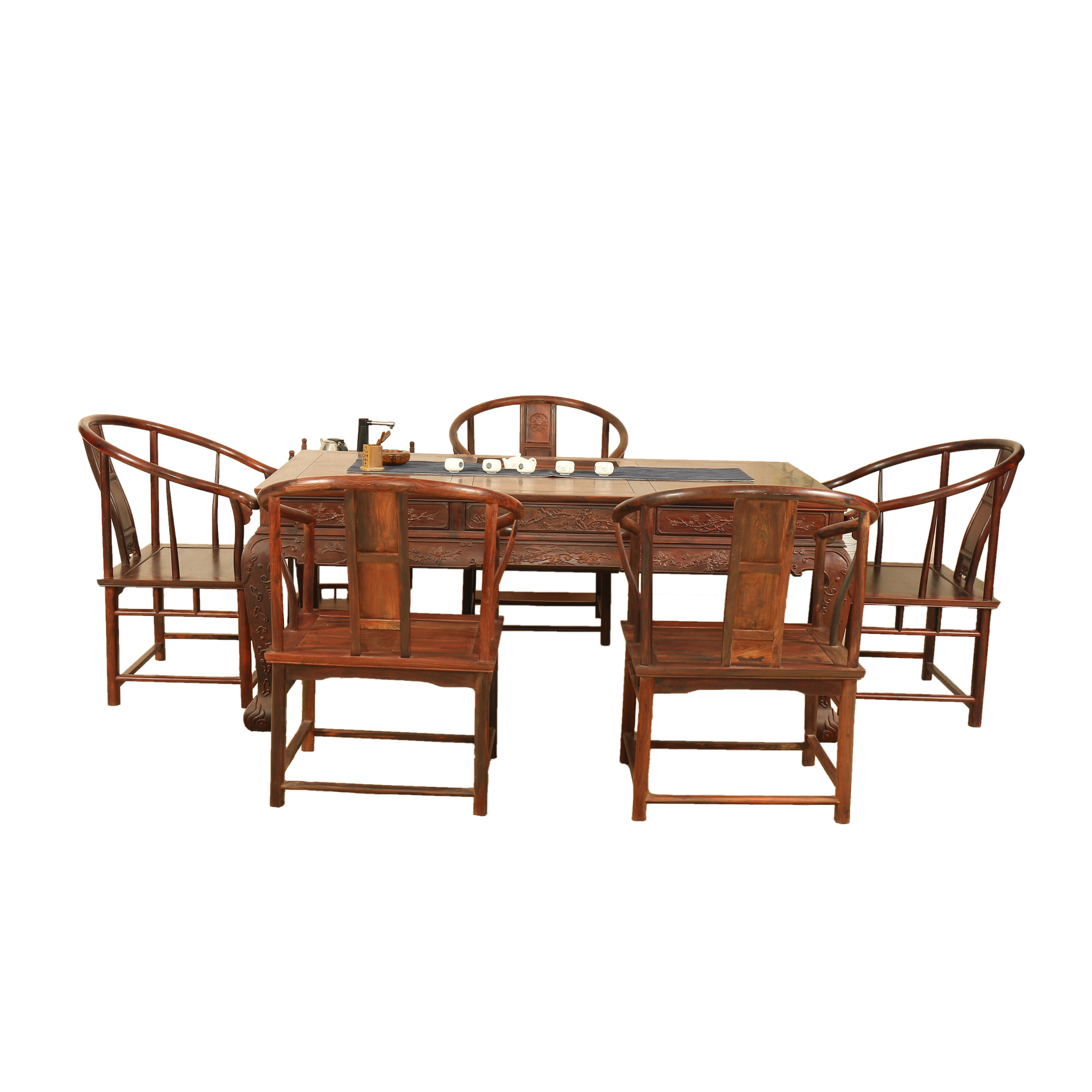 [源头好货-仙游]大红酸枝花鸟泡茶桌七件套 红木家具 高端好货