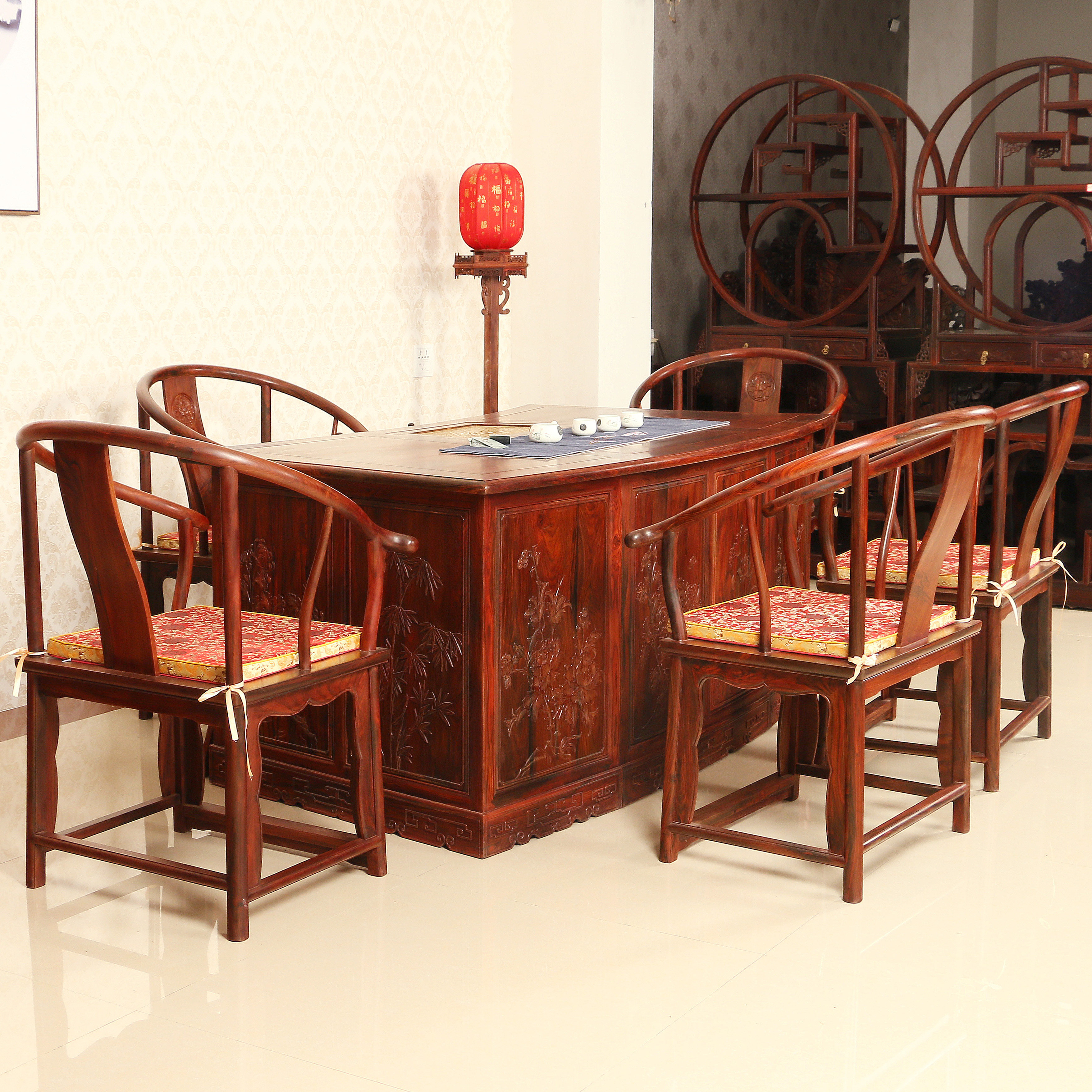 【即拍即得】大红酸枝扇形泡茶桌七件套 红木家具 高端好货