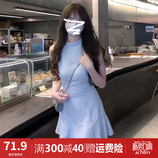 蓝色蝴蝶结无袖挂脖连衣裙子女夏季2024新款法式气质收腰显瘦短裙