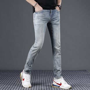 香港高端复古牛仔裤男夏季薄款2024新款修身小脚蓝色弹力休闲长裤